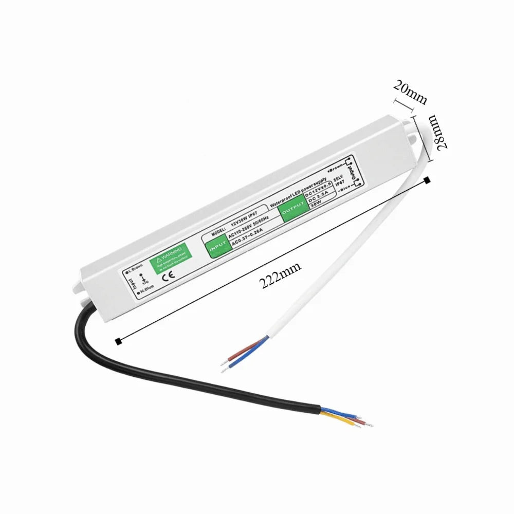 12V 30W Waterproof LED Power Supply Driver – IP67, Ultra-Thin