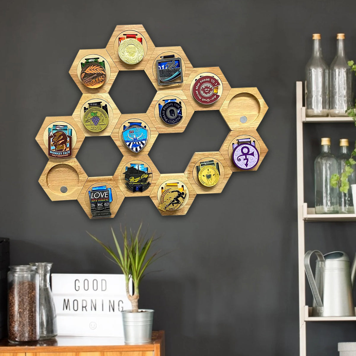 Hexagonal Wooden Medal Display Stand – Honeycomb Wall Hanger