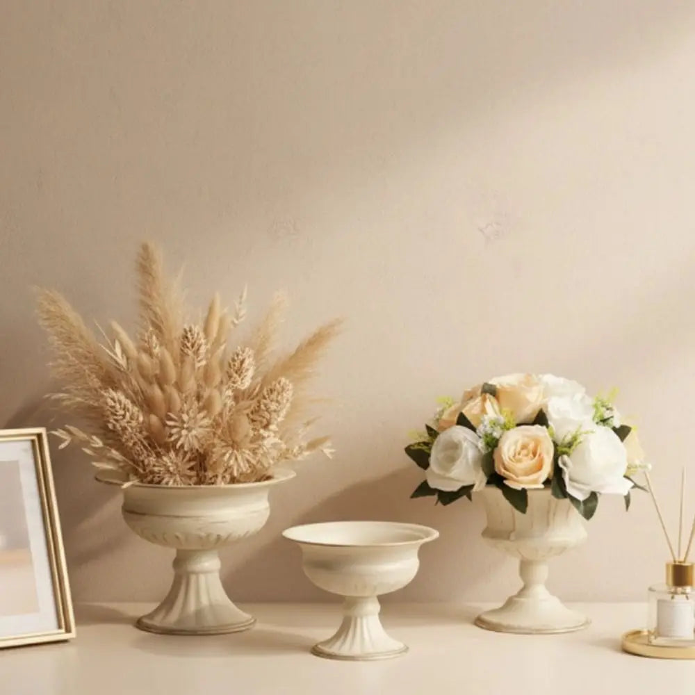 Vintage White Metal Urn Vase | Tabletop Floral Decor