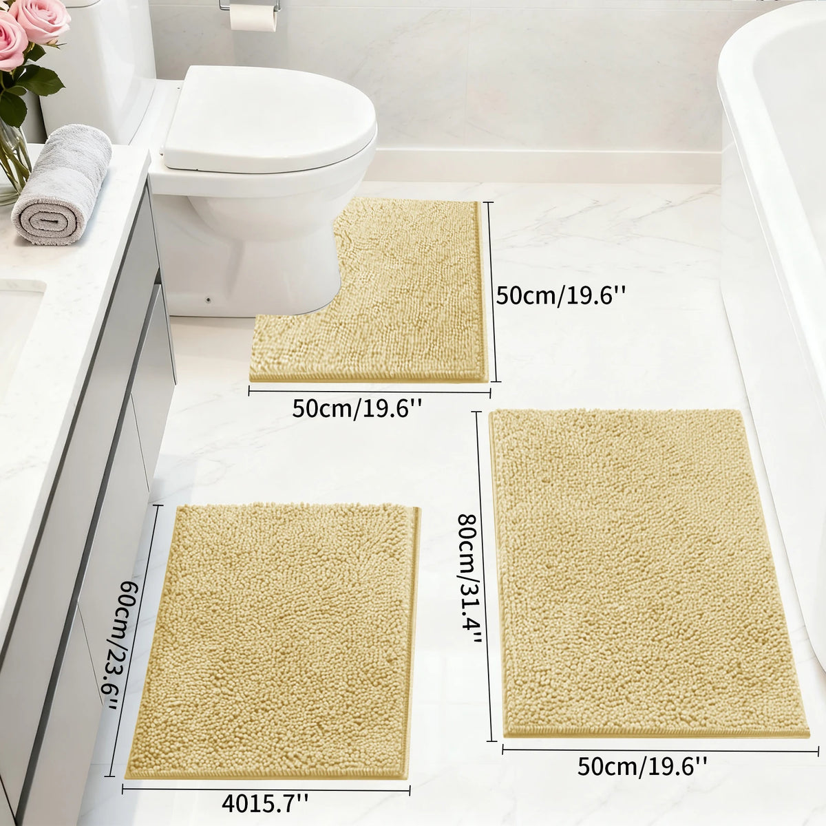Set of 3 Chenille Bath Rugs – Shaggy Non-Slip Bathroom Mats