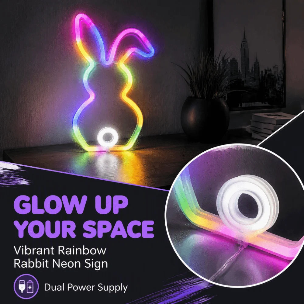 LED Bunny Neon Sign USB Battery Powered Wall Decor Light