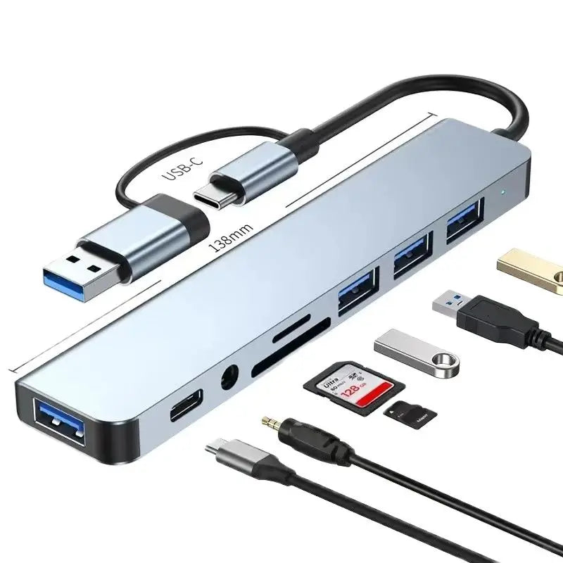 8-in-2 USB Hub Docking Station – USB-C, 3.0, SD/TF Card Reader
