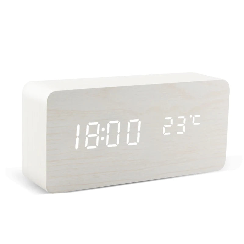 LED Digital Alarm Clock Wooden Style Voice Control USB/Battery