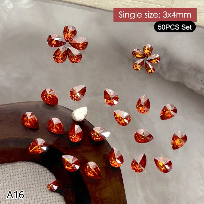 50Pcs Water Drop Zircon Nail Rhinestones 3D Flatback Crystal Gems