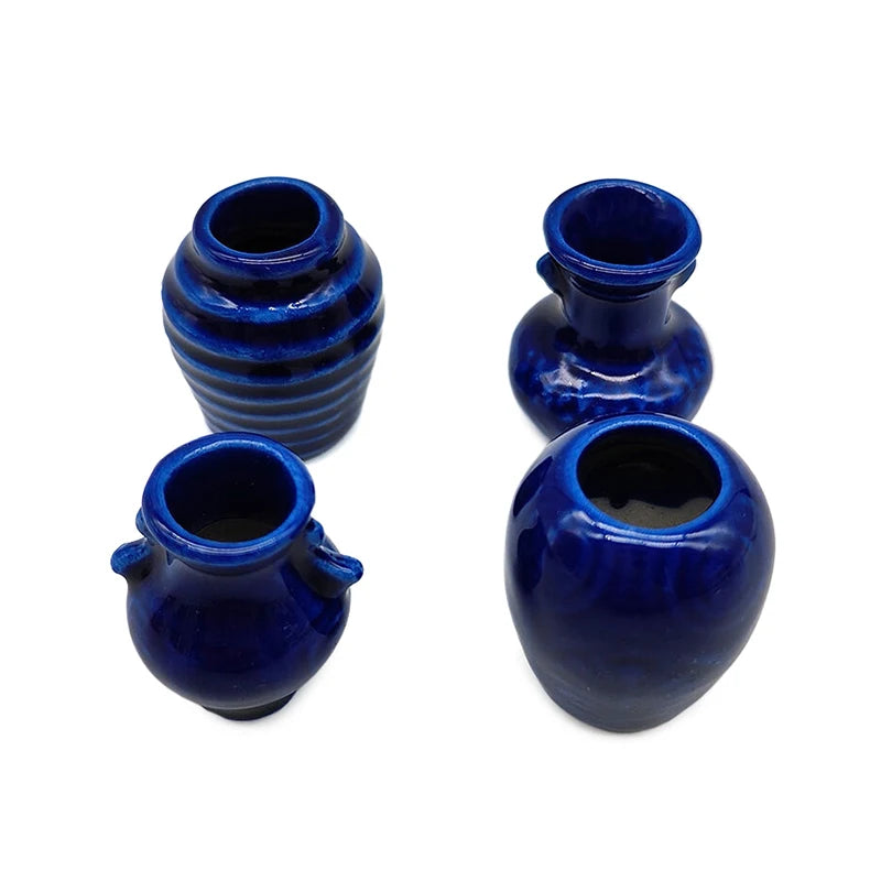 4Pcs 1:12 Dollhouse Mini Ceramic Blue Vase Jars Miniature Décor