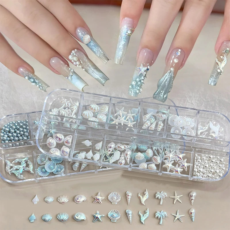 12-Grid Ocean 3D Nail Charms – Shells, Starfish & Mermaid