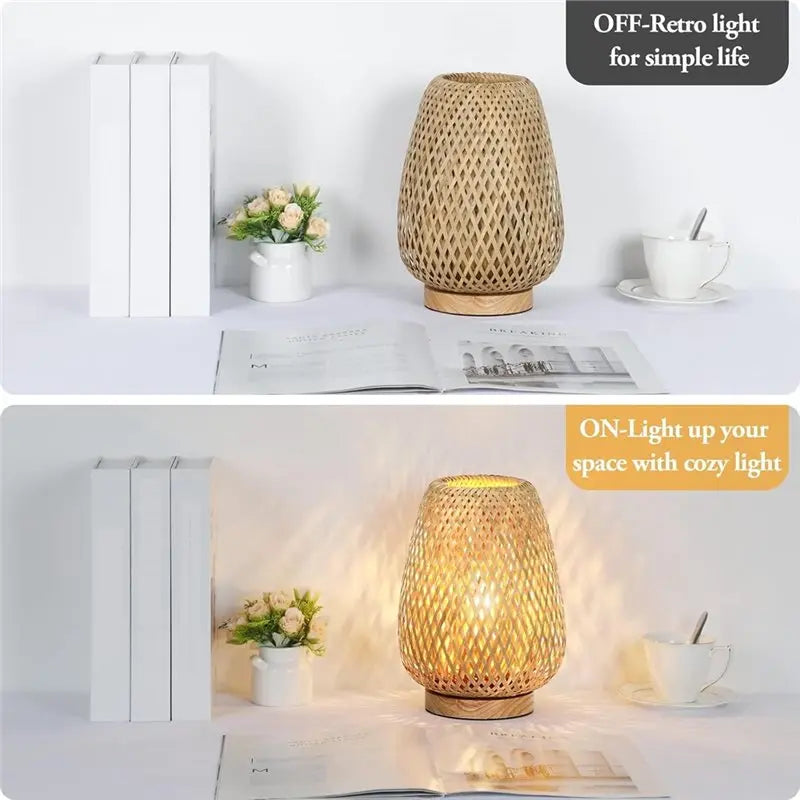 Boho Rattan Table Lamp | 3-Color Temp Dimmable Nightstand Light