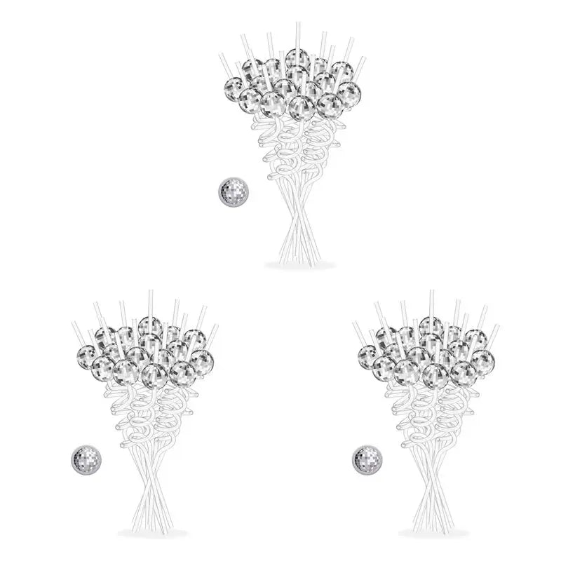 48-Pack Silver Disco Ball Straws – 70s Party Decorations