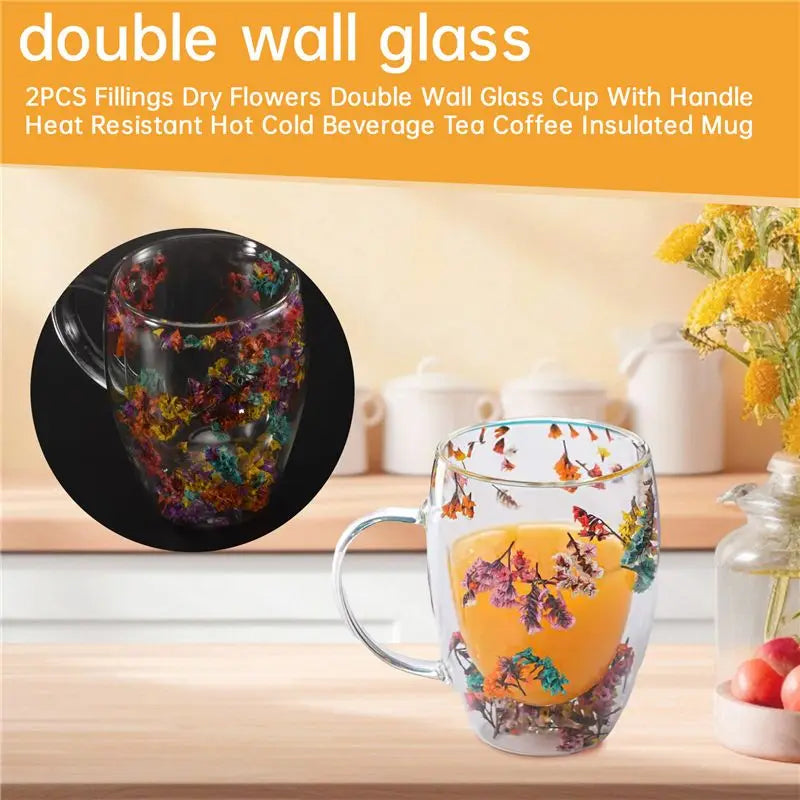 2-Pack Double Wall Glass Mugs – Dried Flower Insulated Cups