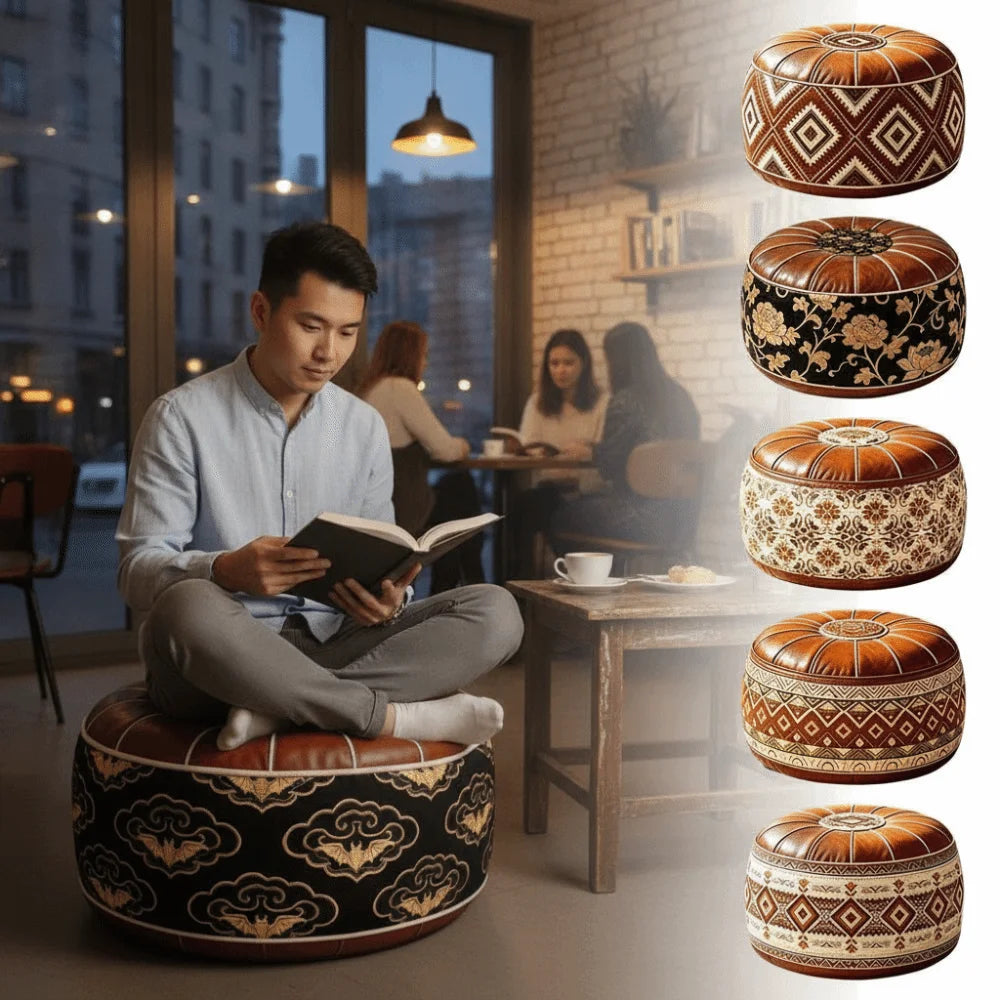 Boho Round Storage Ottoman Pouf Cover – PU Leather Waterproof