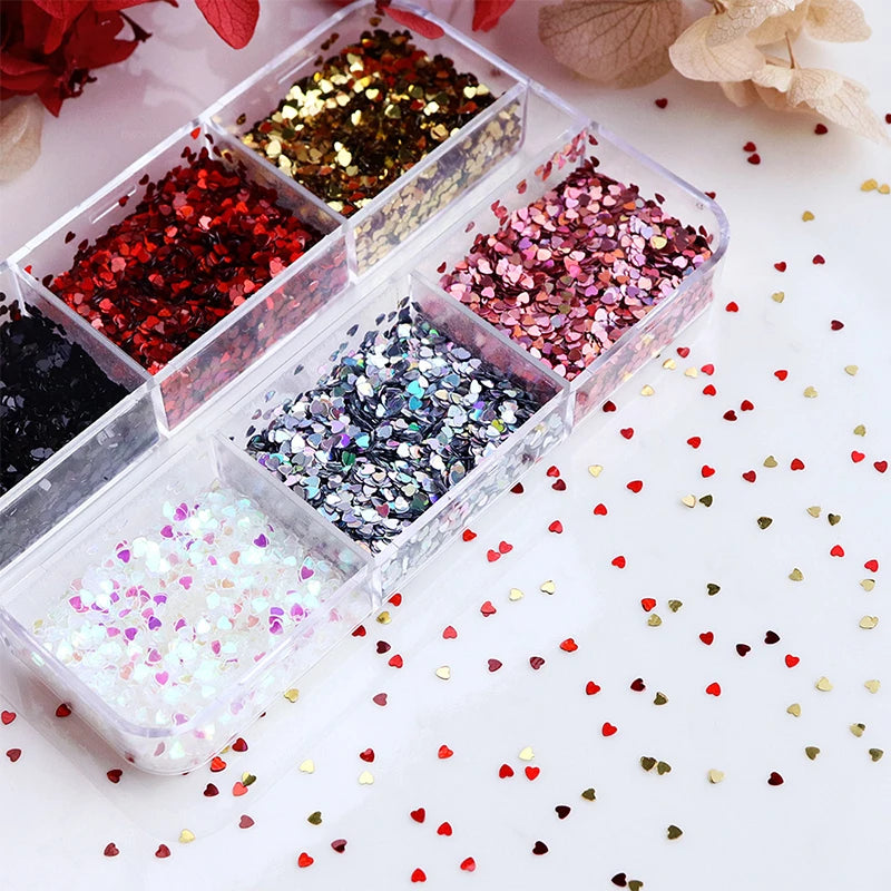 1mm Laser Heart Nail Glitter 6-Grid Set – DIY Nail Art