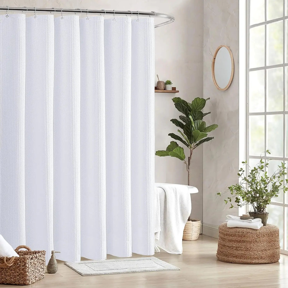 Waffle Weave Shower Curtain 180x180cm | Waterproof + 12 Hooks
