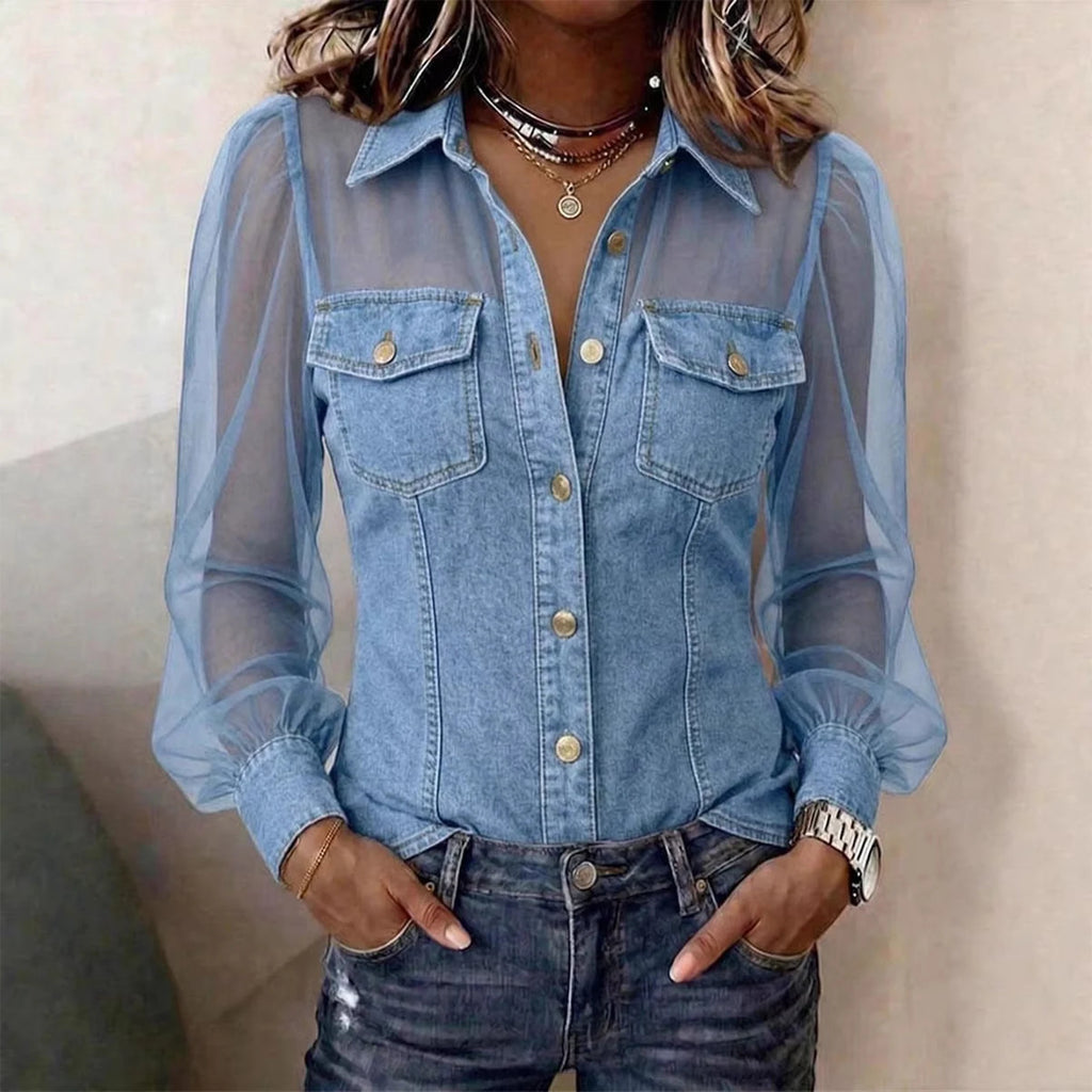 Women's Sheer Sleeve Button-Down Blouse | Elegant Collared Top
