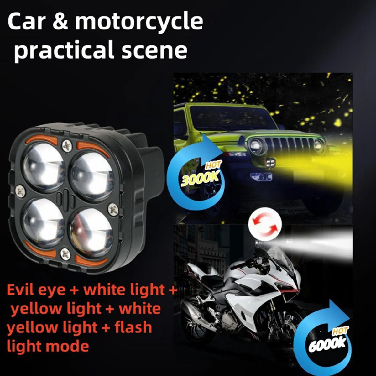 Dual Color LED Motorcycle Spotlights 24V Auxiliary Driving Lamps 2-Pack