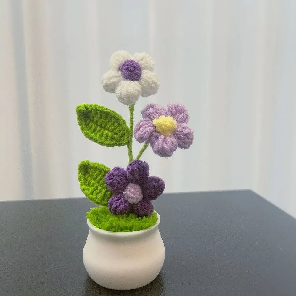 Mini Handwoven Crochet Rose Flower Pot – Decorative Gift