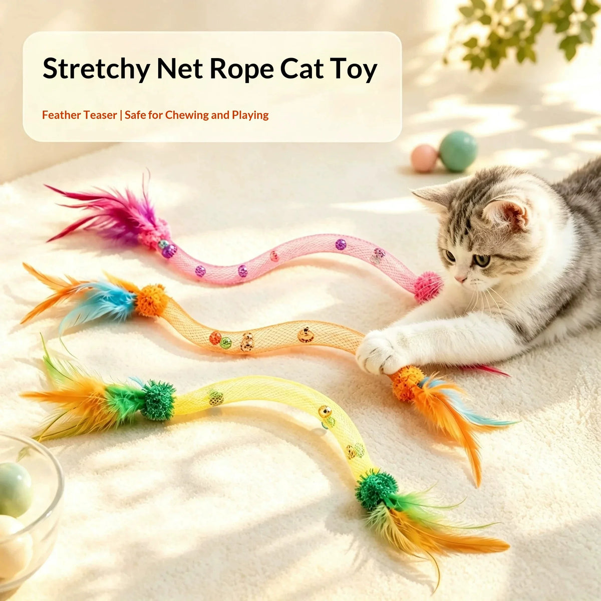 Elastic Mesh Tube Cat Toy – Feather Teaser Wand & Catnip Bell