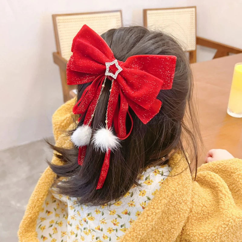 Red Velvet Gold Bow Hair Clip – Christmas Barrette for Girls