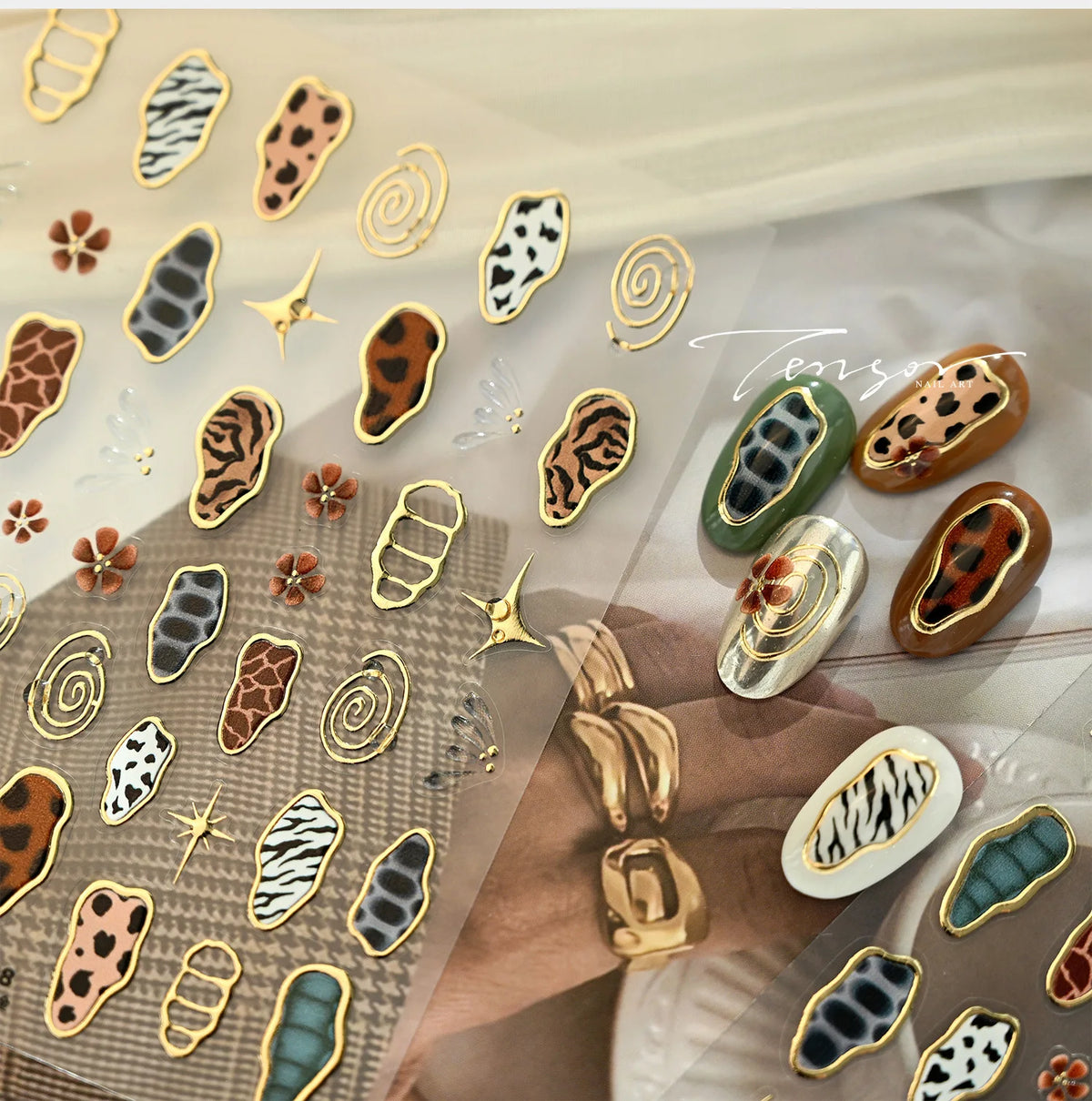 Retro 3D Animal Print Nail Stickers – Gold Leopard & Cow Decals