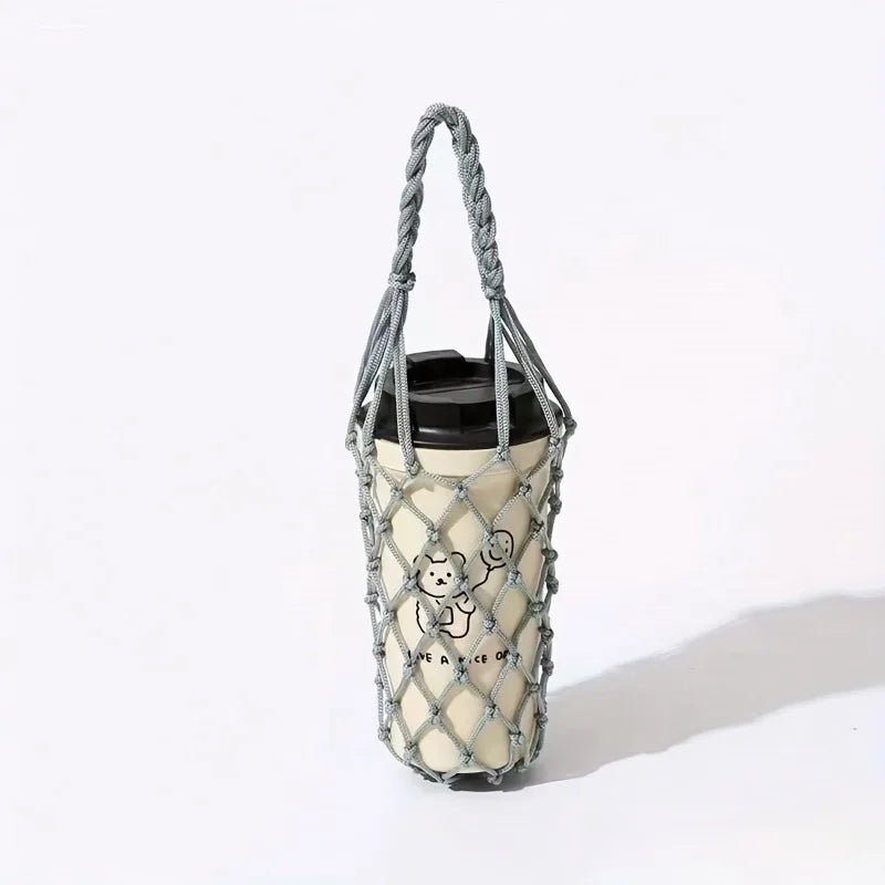 Handwoven Reusable Cylindrical Mesh Bottle Carrier Bag