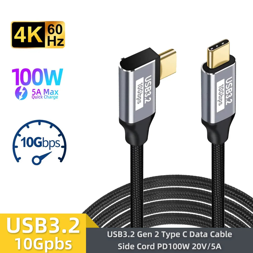Right-Angle USB-C Cable 100W 10Gbps 4K 60Hz – 0.5M to 3M
