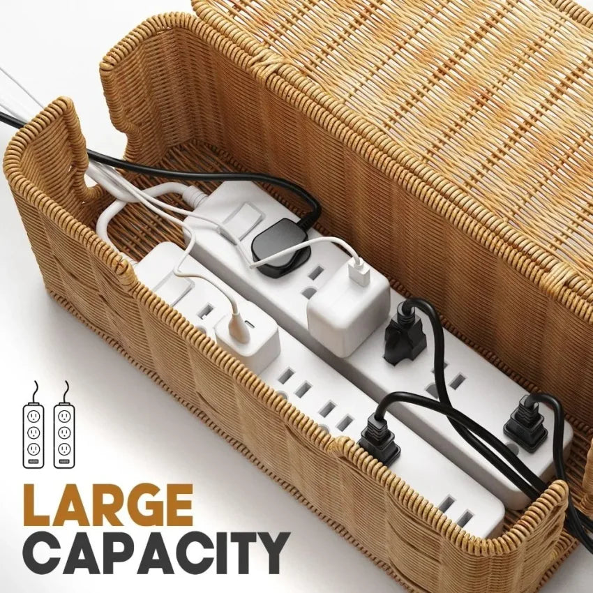 Handwoven Rattan Cable Management Box – Cord Organizer