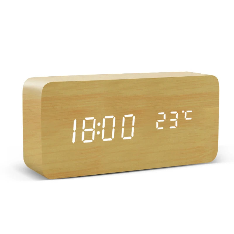 LED Digital Alarm Clock Wooden Style Voice Control USB/Battery