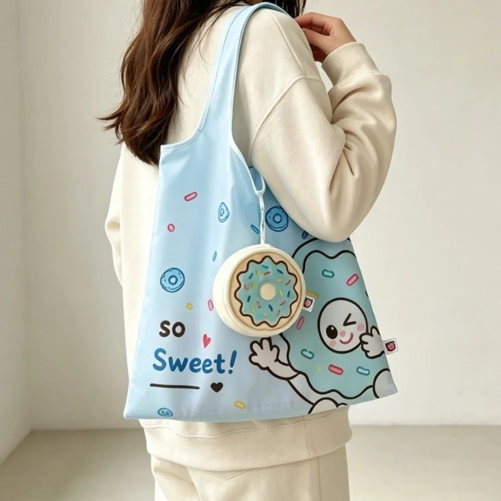 Foldable Cartoon Tote Bag with Pouch & Hanging Charm