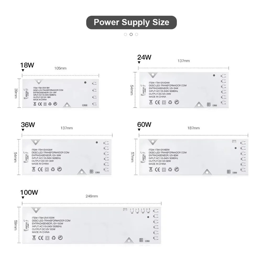 DC 12V LED Power Supply Transformer 18W–100W Strip Driver