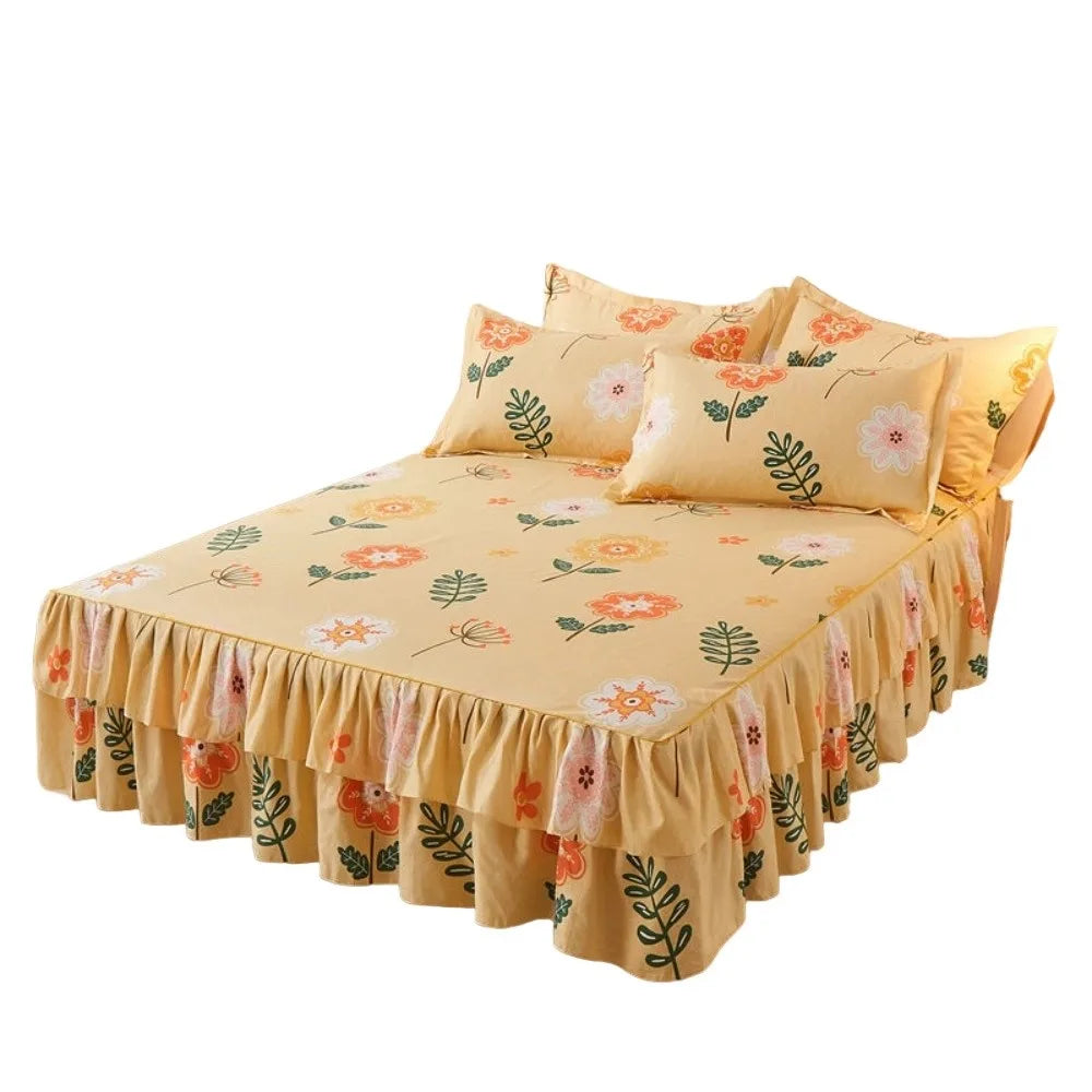 Floral 3-in-1 Cotton Bed Sheet Set with Lace Skirt & Pillowcases