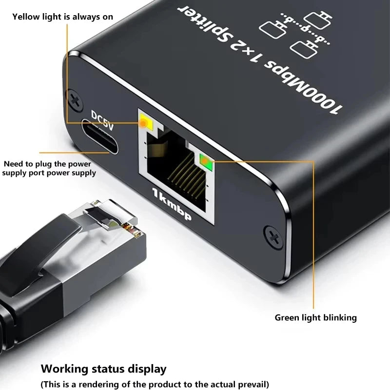 RJ45 Gigabit Ethernet Splitter 1 to 2 Port Network Switch