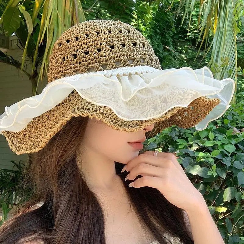 VIBE Foldable Wide Brim Straw Beach Hat – UV Sun Cap Women