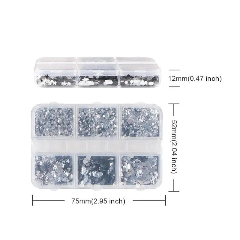 6-Grid 3D Nail Charms – Silver Glitter Love Star Nail Gems
