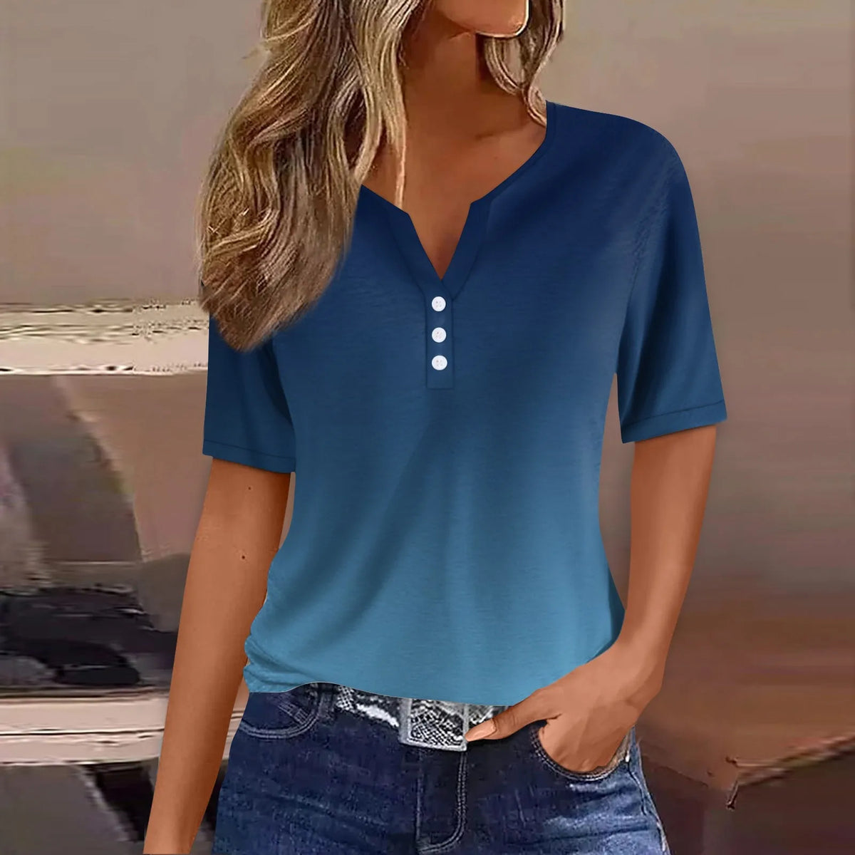 Women's V-Neck Button T-Shirt Loose Casual Top Plus Size S–XXXL