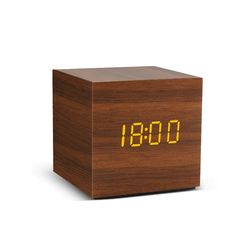 LED Digital Alarm Clock Wooden Style Voice Control USB/Battery