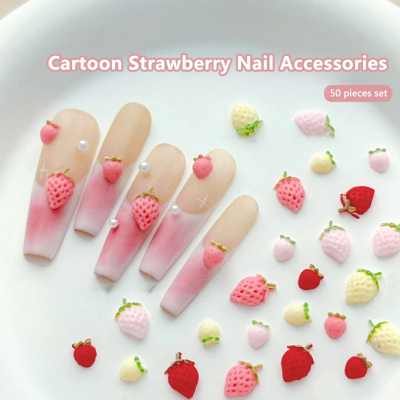 50PCS 3D Strawberry Nail Charms Resin Fruit DIY Nail Art Decor