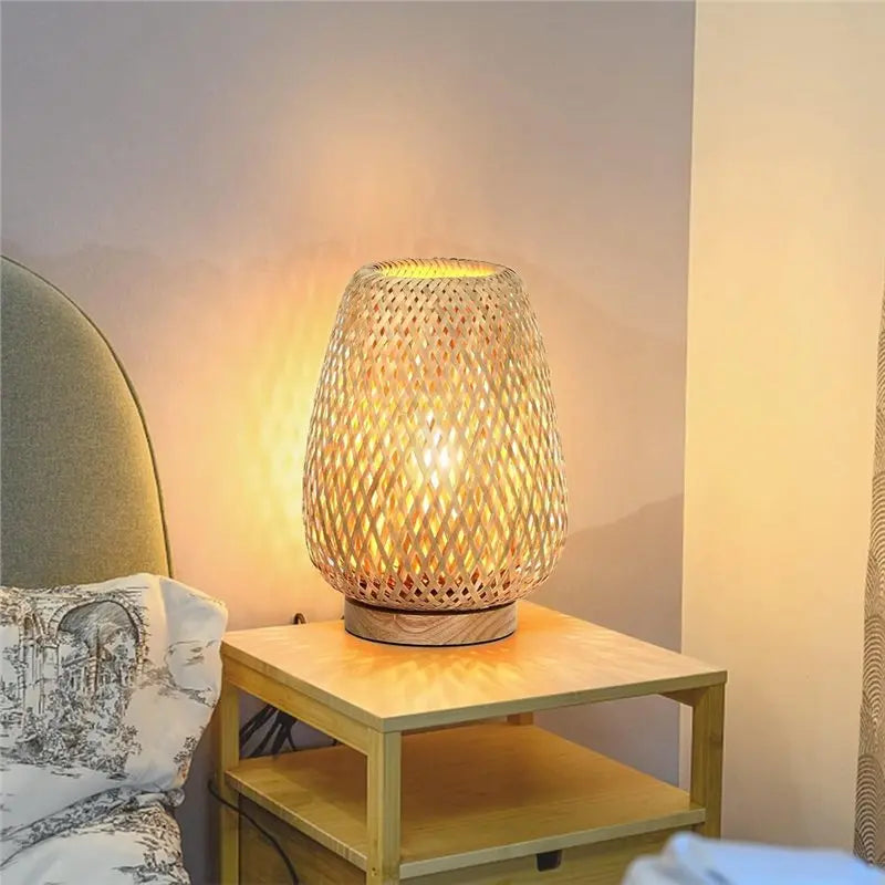 Boho Rattan Table Lamp | 3-Color Temp Dimmable Nightstand Light
