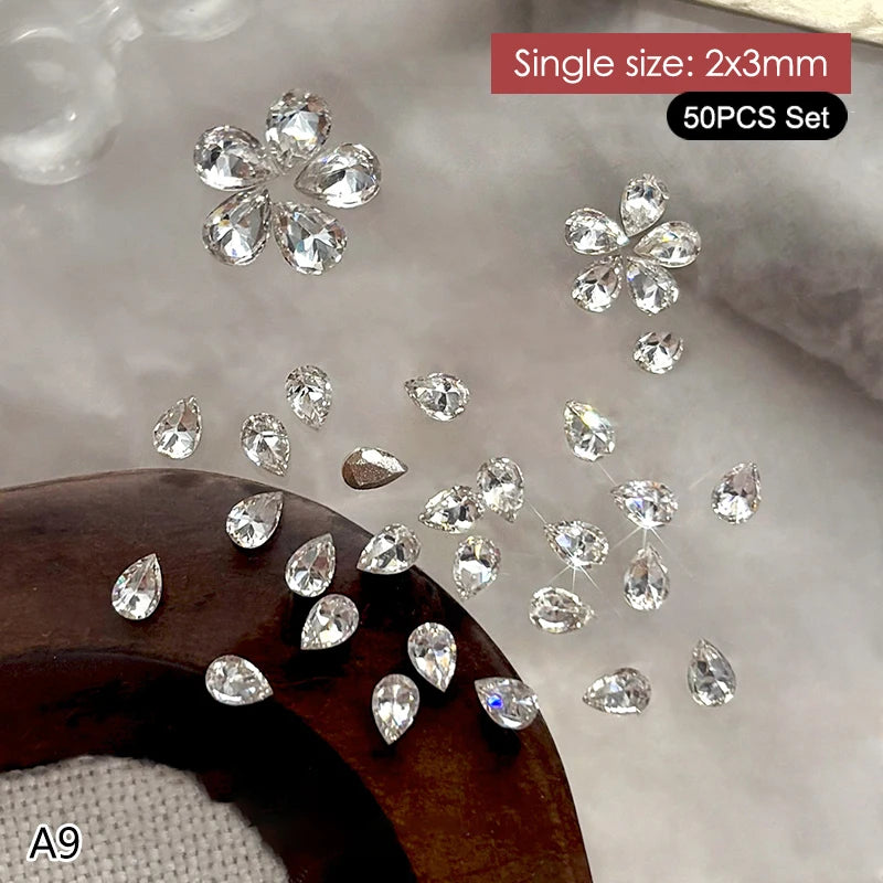50Pcs Water Drop Zircon Nail Rhinestones 3D Flatback Crystal Gems