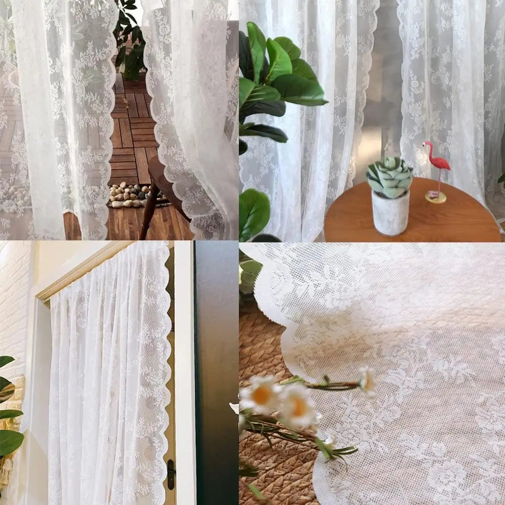 White Floral Lace Sheer Curtains Rod Pocket Voile Drapes