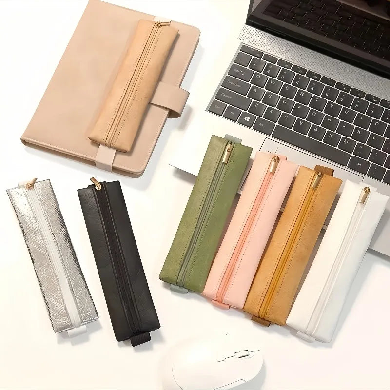 Minimalist PU Leather Pencil Case Zippered Pouch | Office & Travel