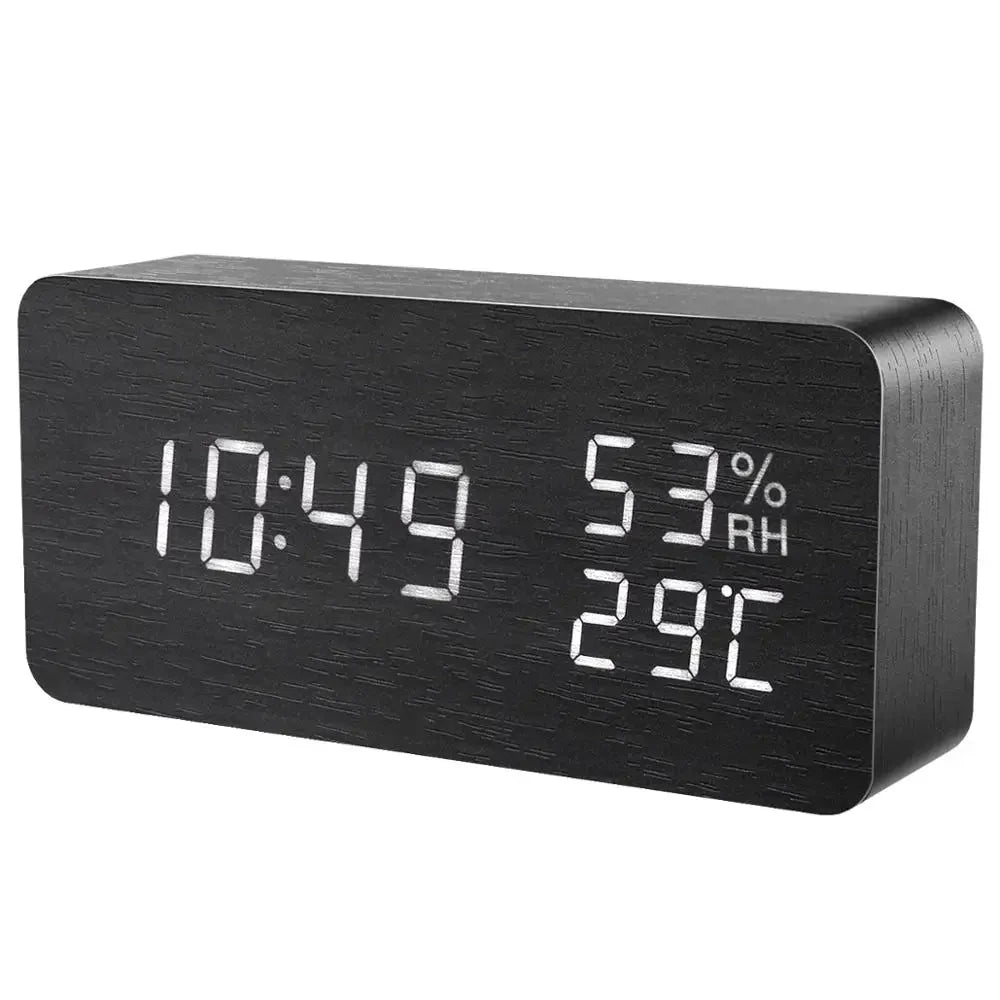 LED Digital Alarm Clock Wooden Style Voice Control USB/Battery