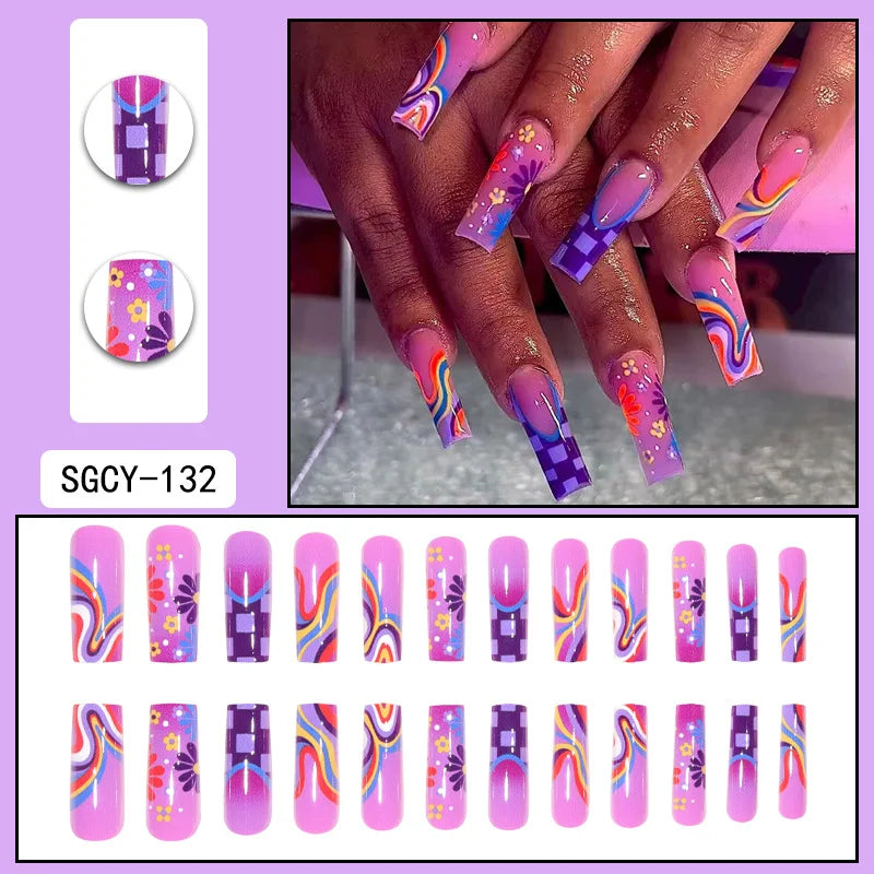 24Pcs Press On Nails with Glue – Long Acrylic False Nail Tips