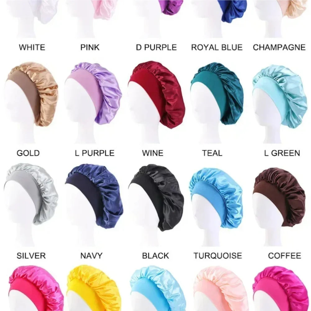 Satin Nightcap Wide-Brim Sleep Cap with Elasticated Band