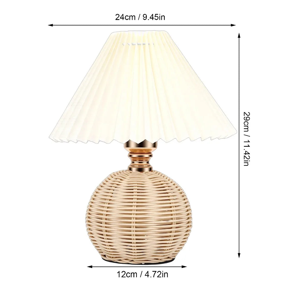 Pleated Fabric Table Lamp – Rattan Base, 3 Color Temps
