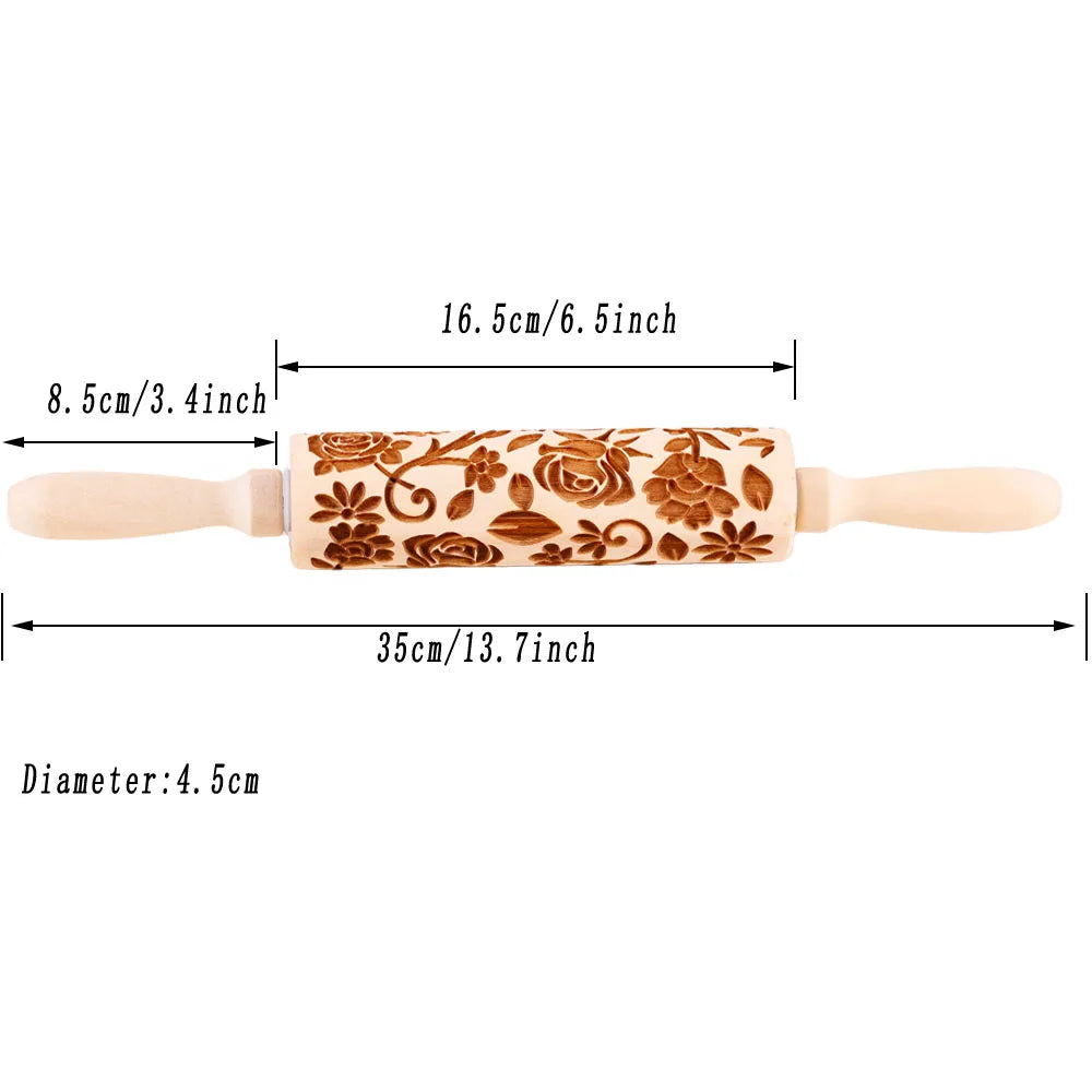 Rose Embossed Wooden Rolling Pin 13.7in – Pastry Baking Tool