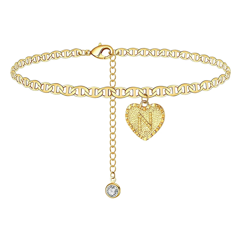 Gold Initial Anklet – Adjustable Heart Letter Charm Bracelet