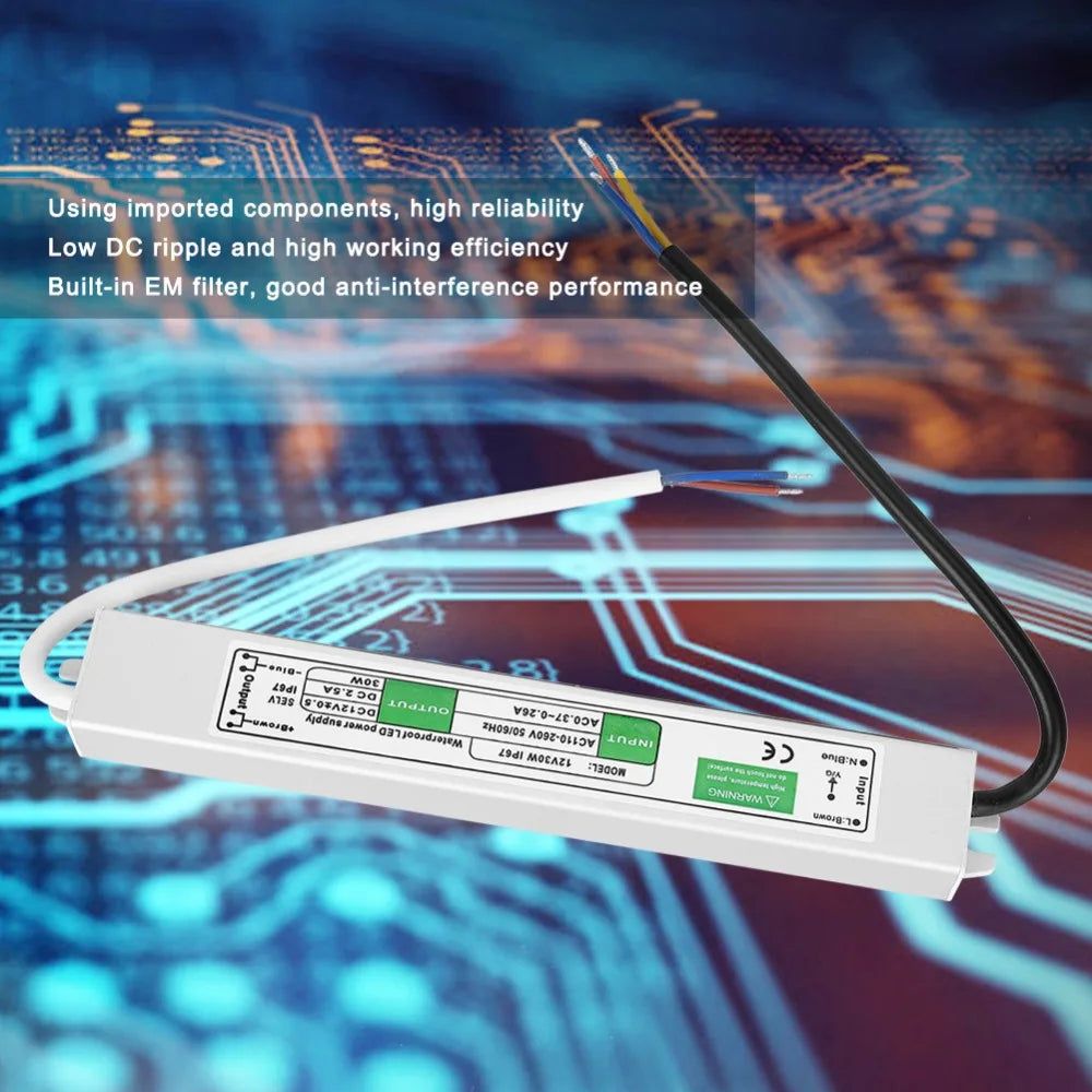 12V 30W Waterproof LED Power Supply Driver – IP67, Ultra-Thin
