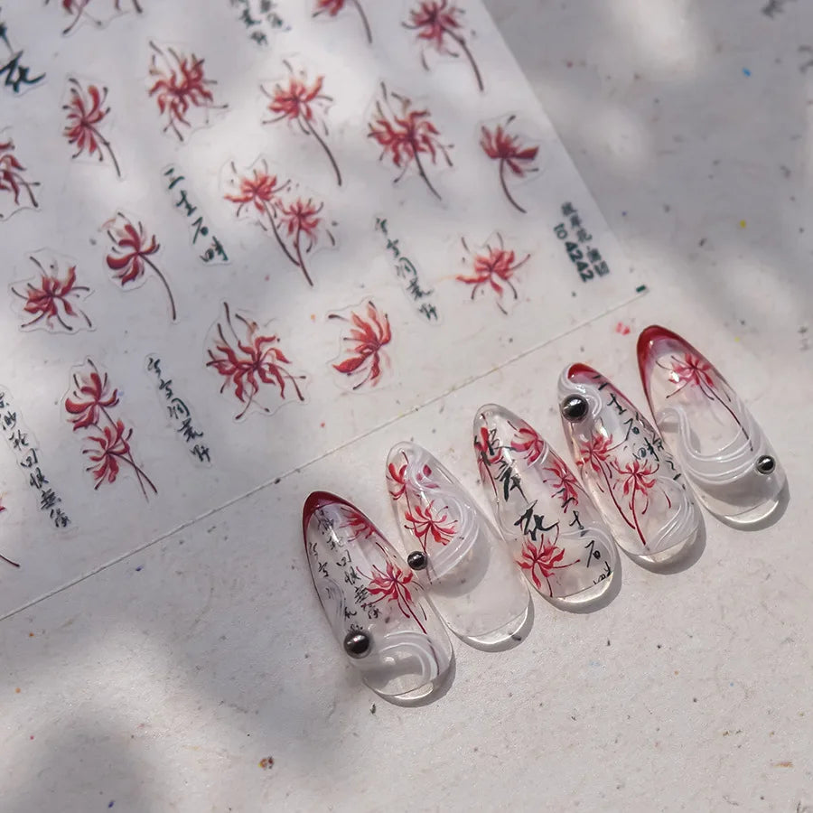 Red Spider Lily & Peony Nail Stickers – Floral Manicure Decals