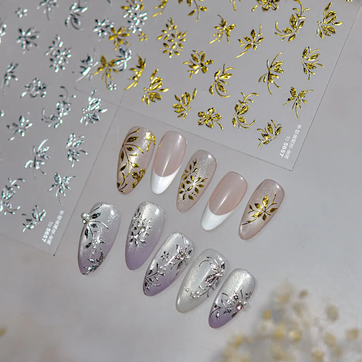 Bronzing Metallic Flower Nail Art Stickers – Gold & Silver Decals