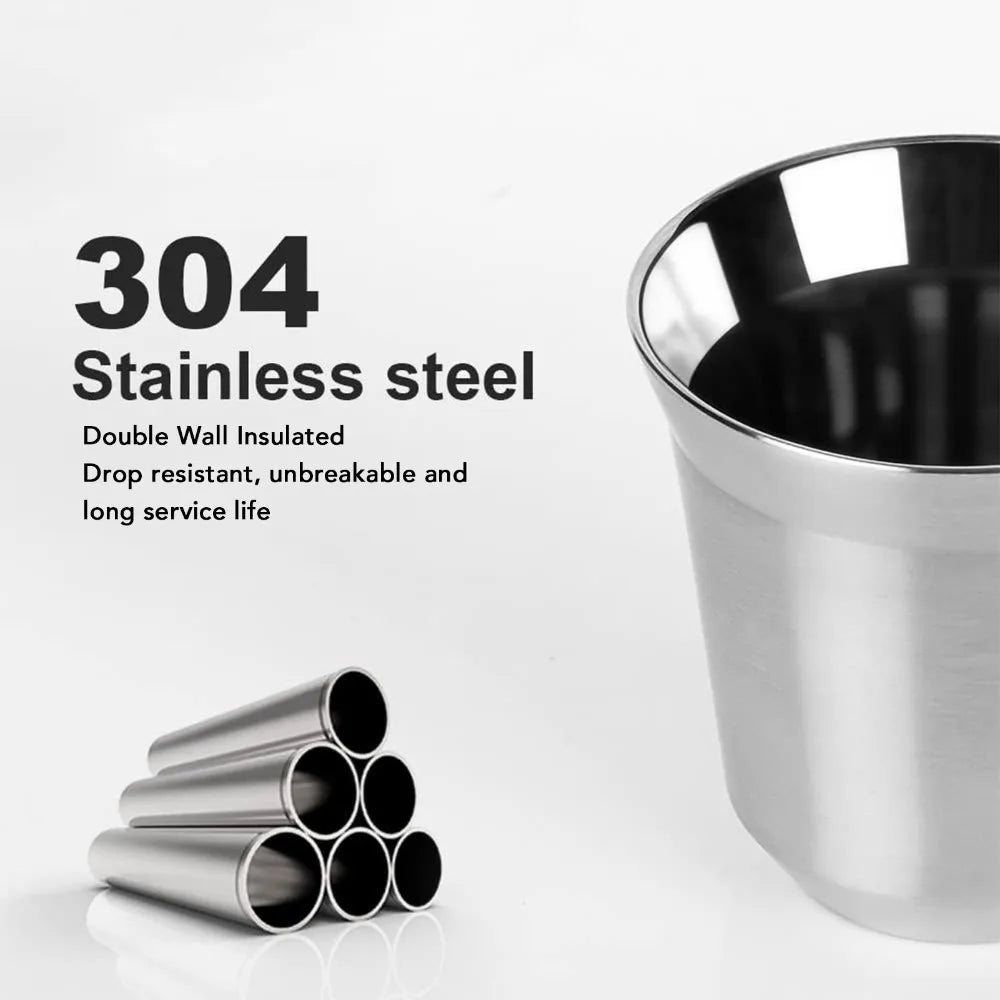 304 Stainless Steel Double Wall Coffee Cup Set 80ml | Saucer & Spoon