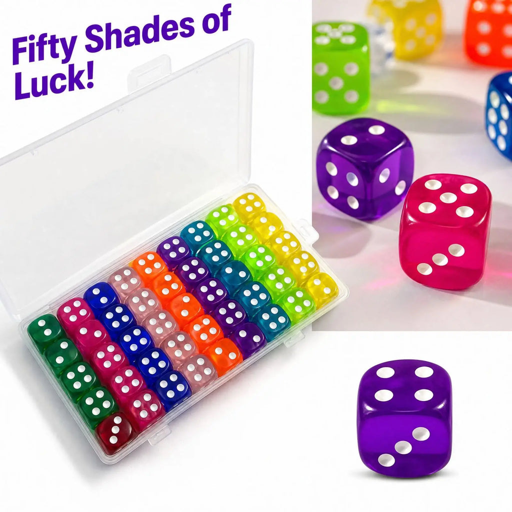 50-Pack 14mm 6-Sided Acrylic Dice – 10 Colors for Board Games